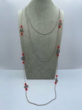 Silver Tone Red Acrylic Bead Layered Floral Chain Necklace Boho